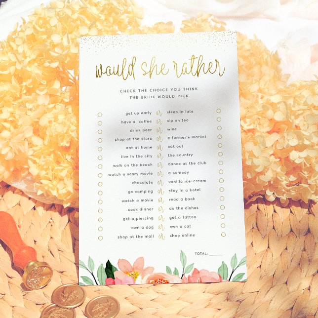 Gold Floral Would She Rather Bridal Shower Game (Creator Uploaded)