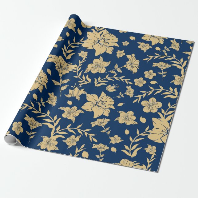 Gold Floral Wrapping Paper With Navy Background (Unrolled)
