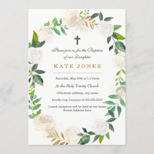 Gold Floral Wreath Baptism Invitation