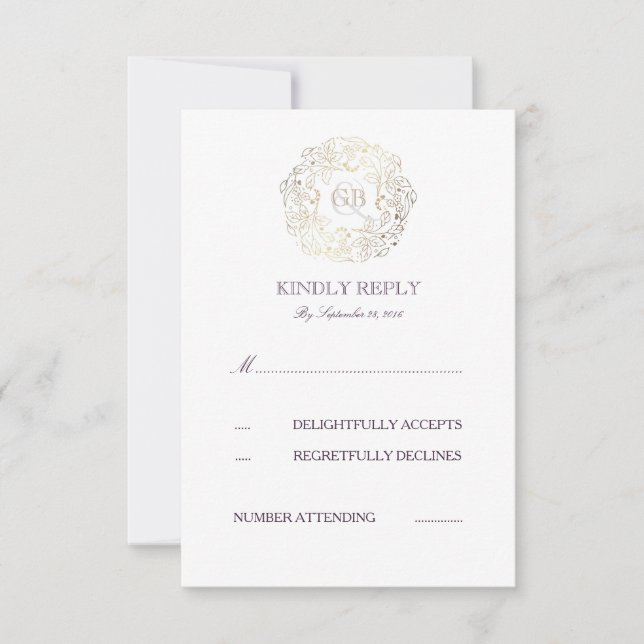 Gold Floral Wreath | Plum Text Wedding RSVP Cards (Front)