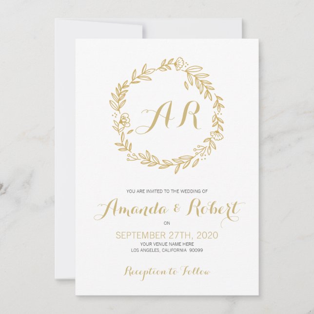 Gold floral wreath save the date (Front)