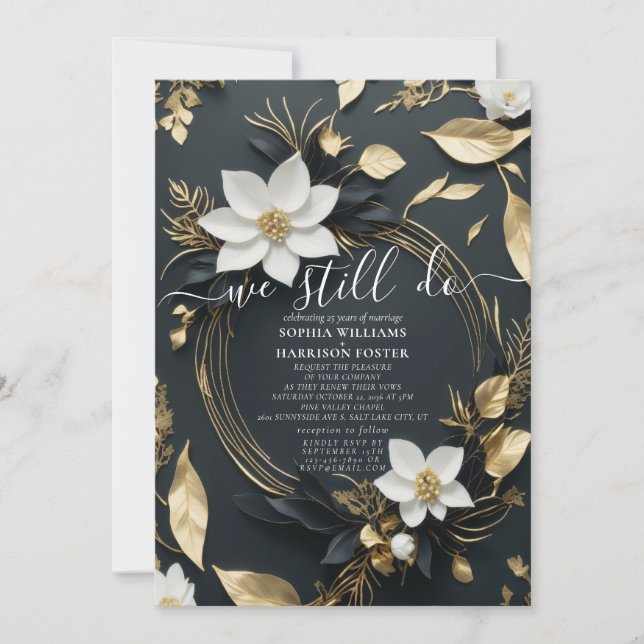 Gold Floral Wreath We Still Do Vow Renewal Photo Invitation (Front)