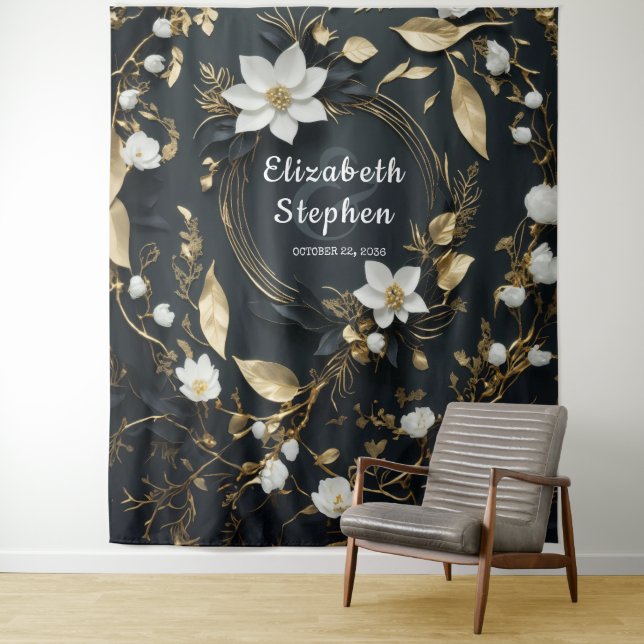 Gold Floral Wreath Wedding Photo Booth Backdrop Tapestry (In Situ)