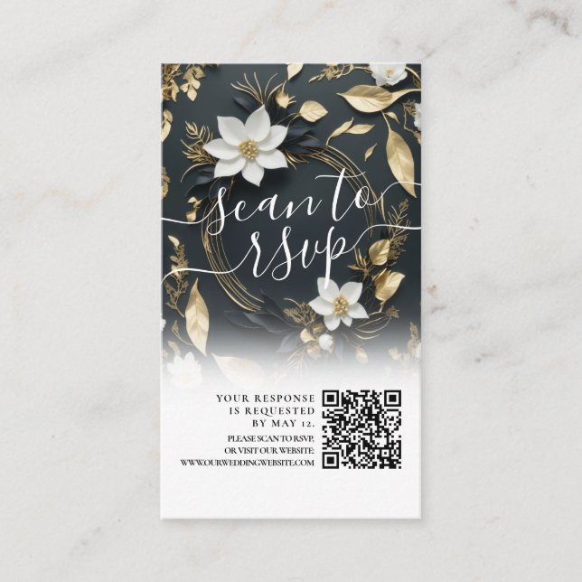 Gold Floral Wreath Wedding QR Code Website RSVP Enclosure Card (Front)