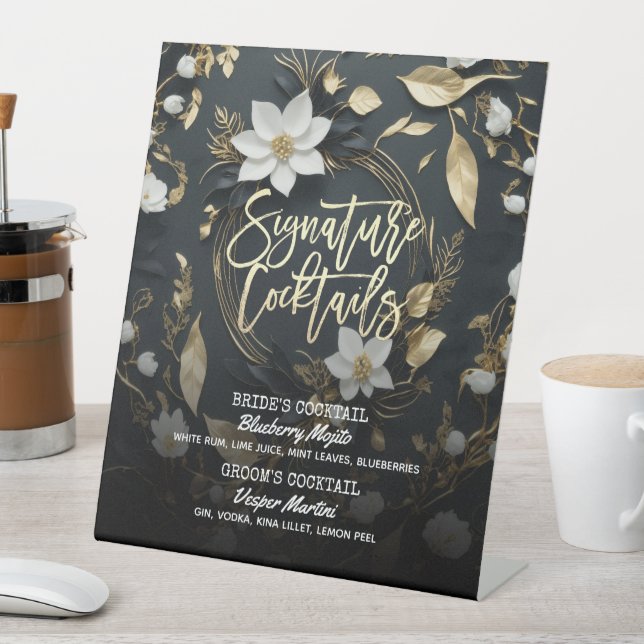 Gold Floral Wreath Wedding Signature Drink Menu Pedestal Sign (In SItu)