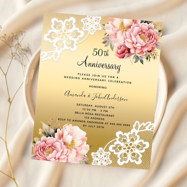 Gold florals 50th wedding anniversary invitation (Creator Uploaded)