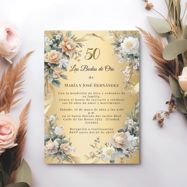 Gold Florals Invitación Bodas de Oro Invitation (Creator Uploaded)