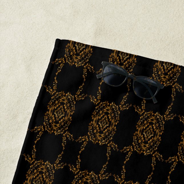 Gold flourish abstract design beach towel (In Situ)