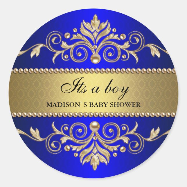Gold Flourish Blue Elegant Baby Shower Its A Boy Classic Round Sticker (Front)
