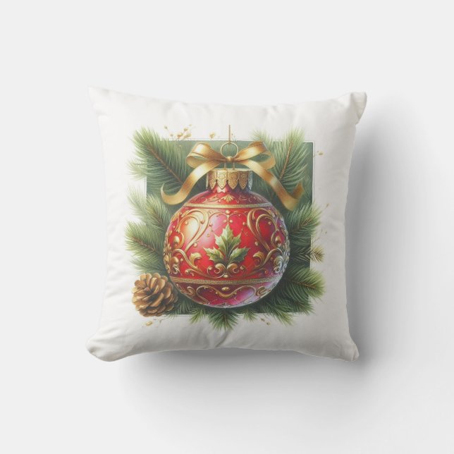 Gold Flourish Red Ornament & Pine  Cushion (Front)