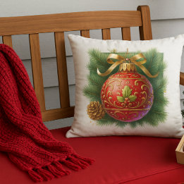 Gold Flourish Red Ornament & Pine  Cushion