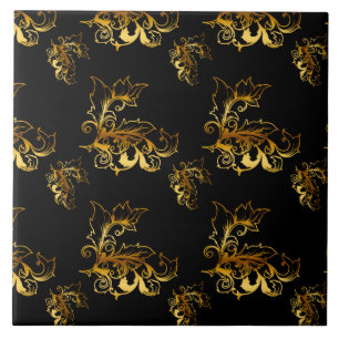 Gold Flourishes on Black Ceramic Tile