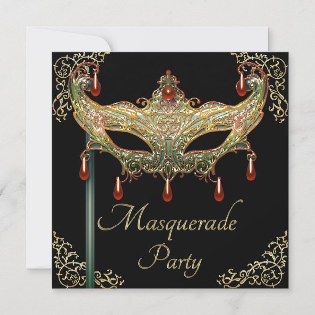 Gold Flourishes Ruby Mask Black Masquerade Party Invitation (Front)