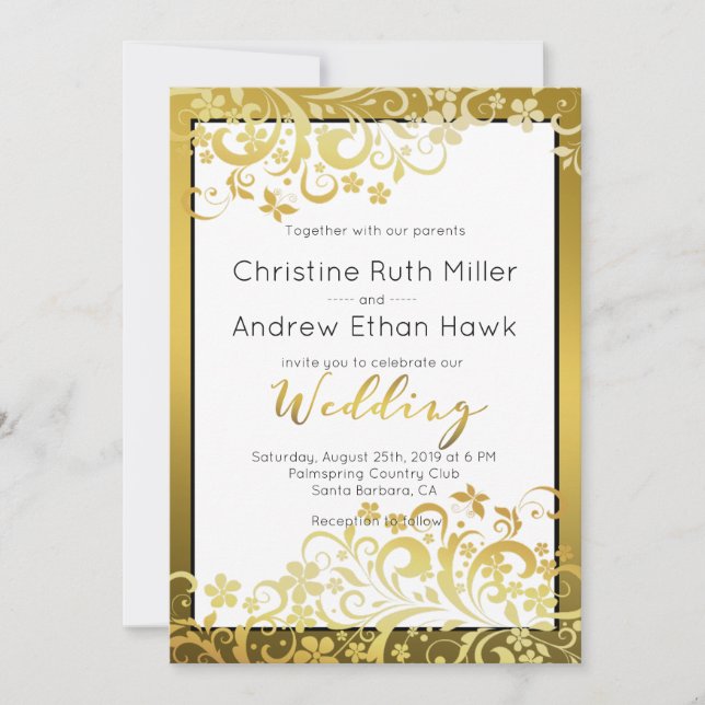 Gold Flourishing Floral Modern Wedding Invitation (Front)