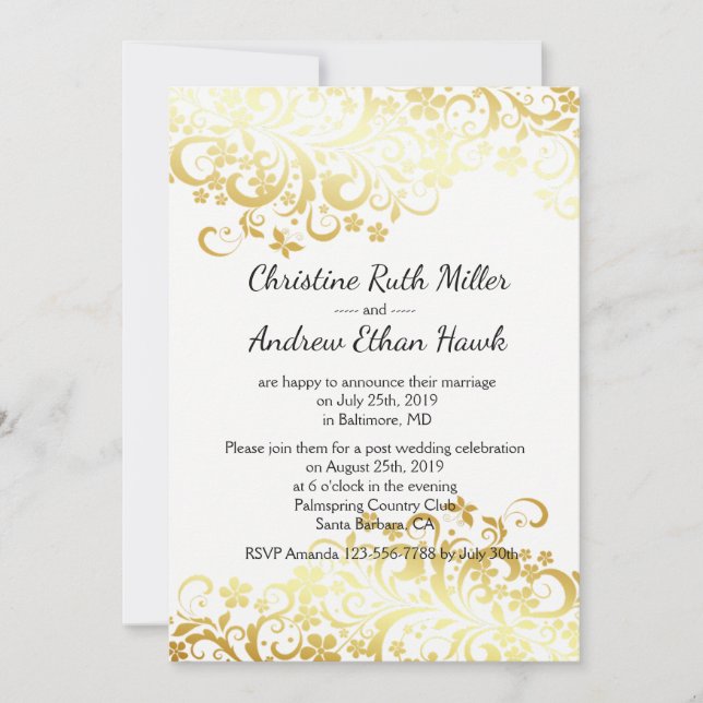 Gold Flourishing Floral Post-wedding Reception Invitation (Front)