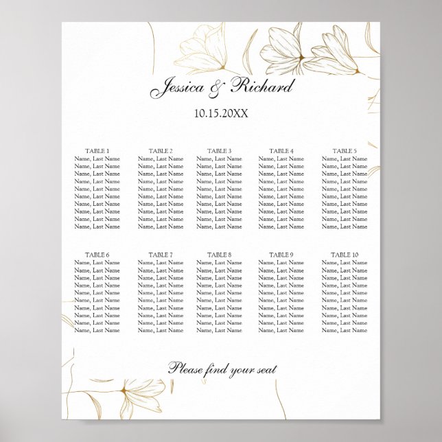 Gold Flower 10 Tables Seating Chart Poster Sign (Front)