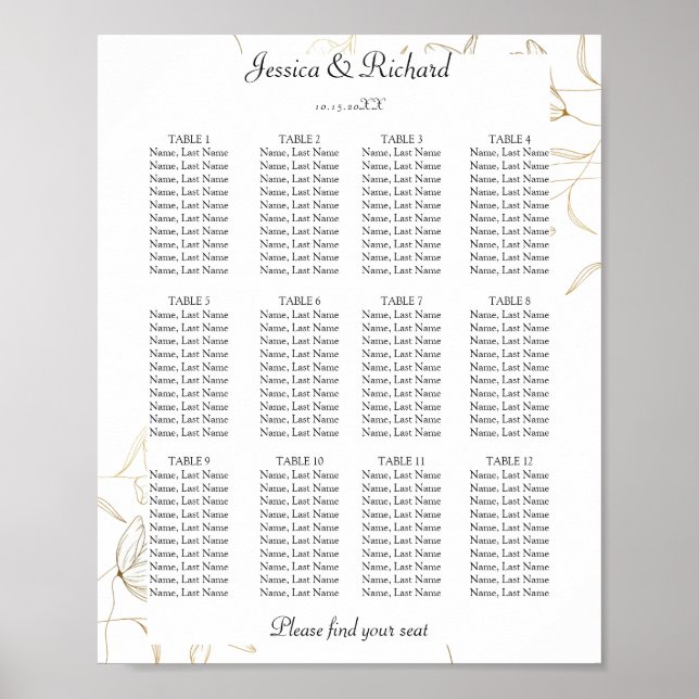 Gold Flower 12 Tables Seating Chart Poster Sign (Front)