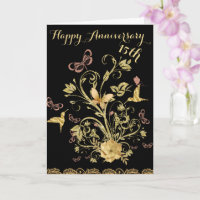 Gold Flower 15th Happy Wedding Anniversary Couple