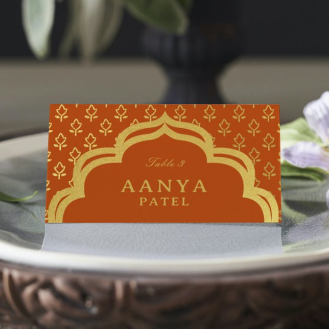 Gold Flower and Mundap Arch Wedding Escort Name Place Card (indian hindu guest seating place cards escort cards, gold glitter foil floral mundap canopy arch)