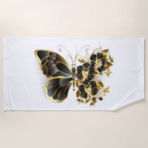 Gold Flower Butterfly with Black Orchid Beach Towel