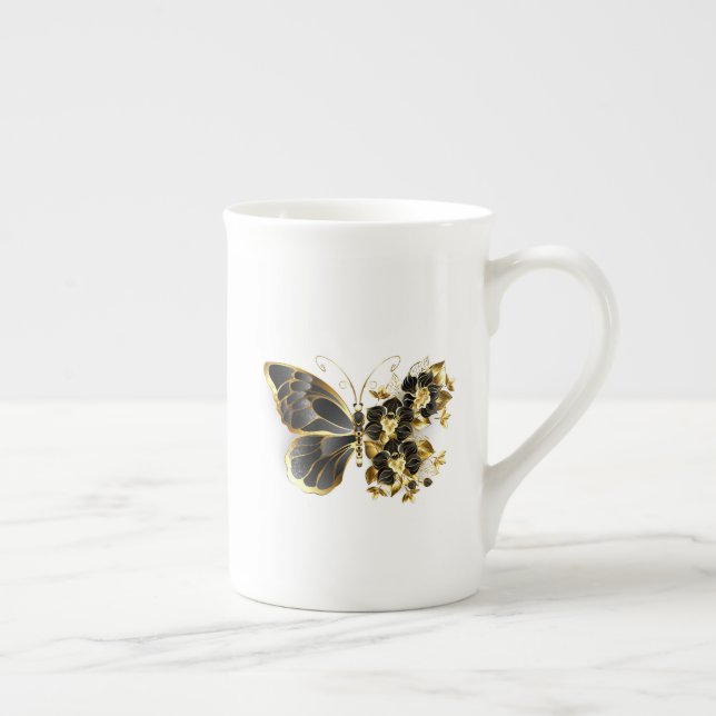 Gold Flower Butterfly with Black Orchid Bone China Mug (Right)
