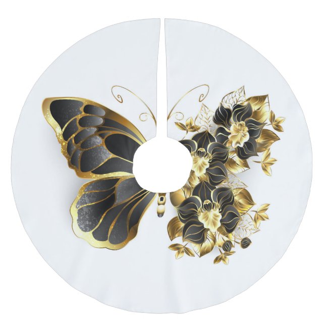 Gold Flower Butterfly with Black Orchid Brushed Polyester Tree Skirt (Front)
