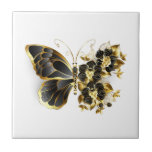 Gold Flower Butterfly with Black Orchid Ceramic Tile<br><div class="desc">Gold flower butterfly with black jewellery orchid,  decorated with gold leaves on white background.</div>