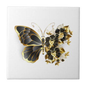 Gold Flower Butterfly with Black Orchid Ceramic Tile