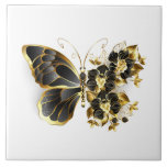 Gold Flower Butterfly with Black Orchid Ceramic Tile<br><div class="desc">Gold flower butterfly with black jewellery orchid,  decorated with gold leaves on white background.</div>
