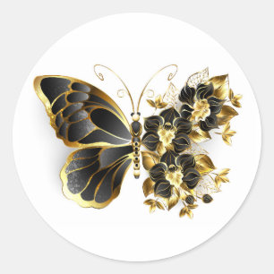 Gold Flower Butterfly with Black Orchid Classic Round Sticker