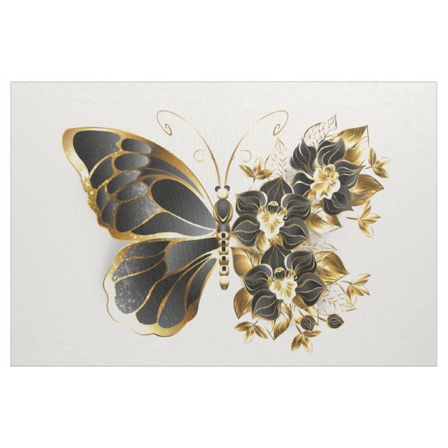 Gold Flower Butterfly with Black Orchid Fabric (Yard)