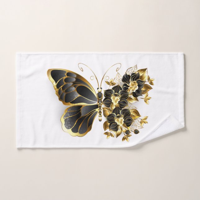 Gold Flower Butterfly with Black Orchid Hand Towel (Hand Towel)