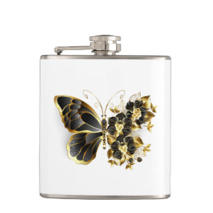 Gold Flower Butterfly with Black Orchid Hip Flask