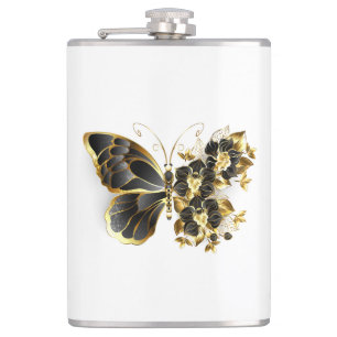 Gold Flower Butterfly with Black Orchid Hip Flask