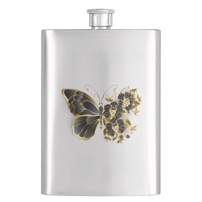 Gold Flower Butterfly with Black Orchid Hip Flask (Front)