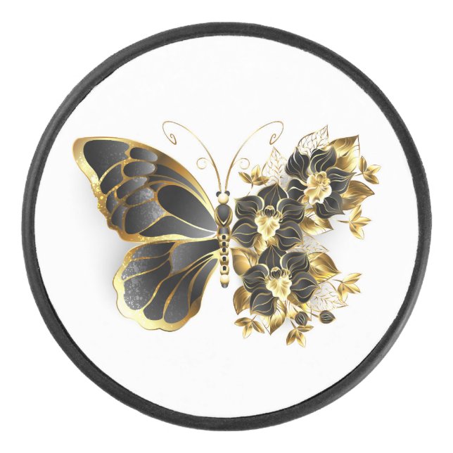 Gold Flower Butterfly with Black Orchid Hockey Puck (Front)
