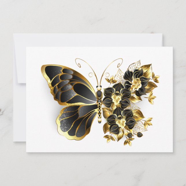 Gold Flower Butterfly with Black Orchid Invitation (Front)