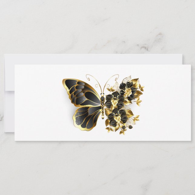 Gold Flower Butterfly with Black Orchid Invitation (Front)