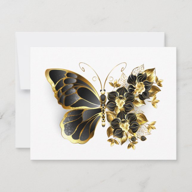 Gold Flower Butterfly with Black Orchid Invitation (Front)