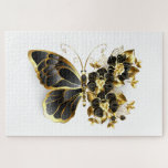 Gold Flower Butterfly with Black Orchid Jigsaw Puzzle<br><div class="desc">Gold flower butterfly with black jewellery orchid,  decorated with gold leaves on white background.</div>