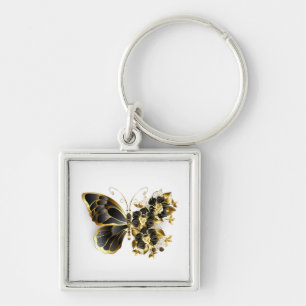 Gold Flower Butterfly with Black Orchid Key Ring