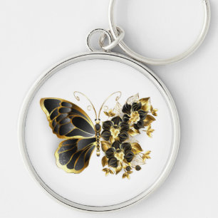 Gold Flower Butterfly with Black Orchid Key Ring
