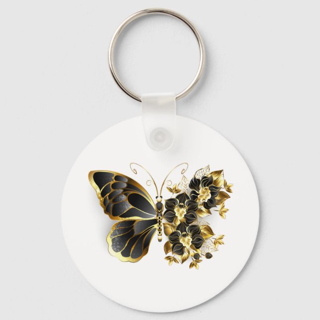 Gold Flower Butterfly with Black Orchid Key Ring (Front)