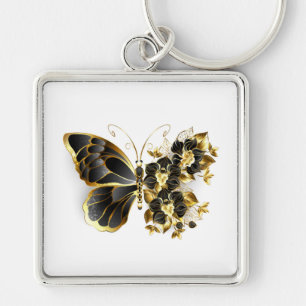Gold Flower Butterfly with Black Orchid Key Ring