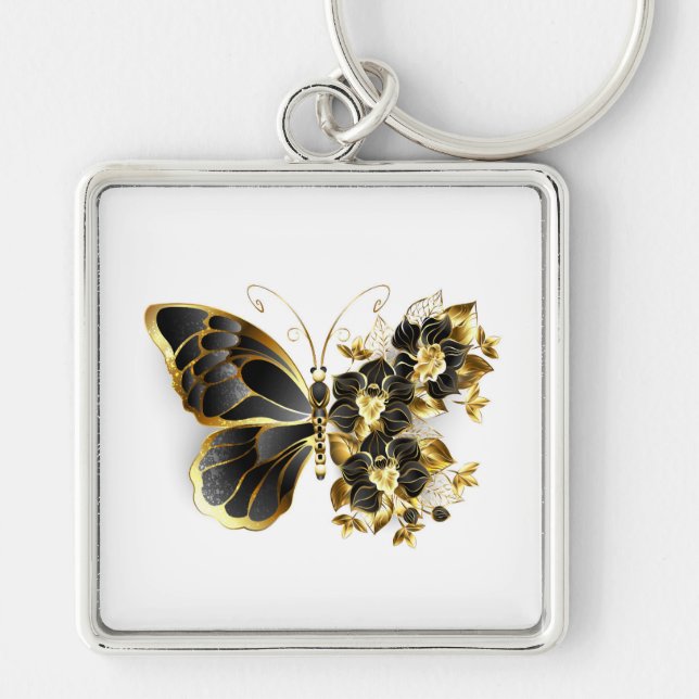 Gold Flower Butterfly with Black Orchid Key Ring (Front)