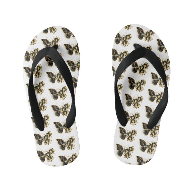 Gold Flower Butterfly with Black Orchid Kid's Thongs (Footbed)