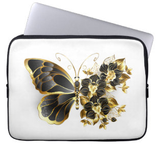 Gold Flower Butterfly with Black Orchid Laptop Sleeve