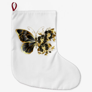 Gold Flower Butterfly with Black Orchid Large Christmas Stocking