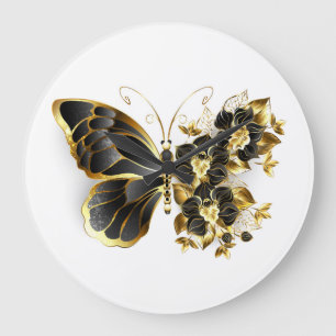 Gold Flower Butterfly with Black Orchid Large Clock