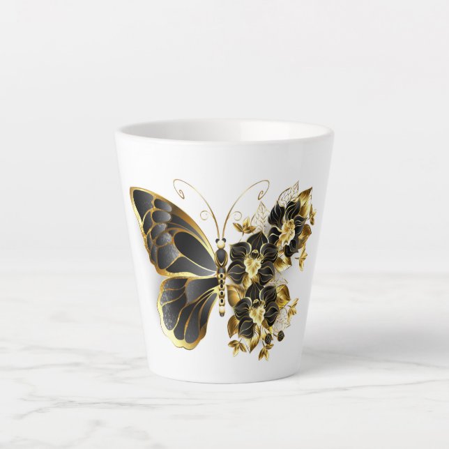 Gold Flower Butterfly with Black Orchid Latte Mug (Front)